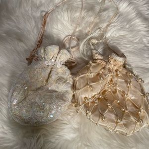 Two vintage beaded ivory beige bags purse nylon made in china